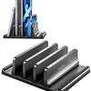 A black laptop stand organizer holding three vertical smartphones or tablets.