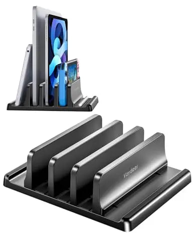 A black laptop stand organizer holding three vertical smartphones or tablets.