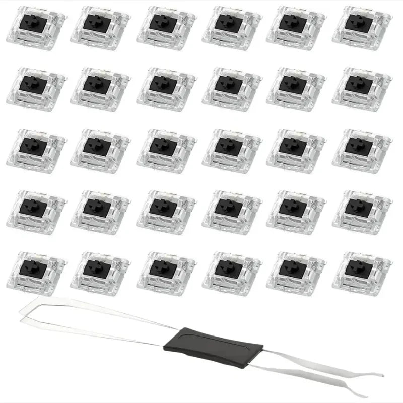 A collection of hot-swappable mechanical keyboard switches and a keycap puller tool.