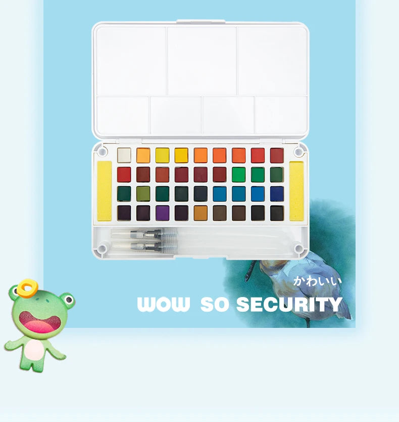 A white 12-in-1 watercolor paint set with various colored paints and water brush pens displayed in an open case.