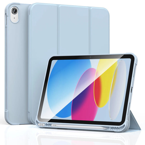 A light blue universal protective case for an iPad is shown alongside the device.