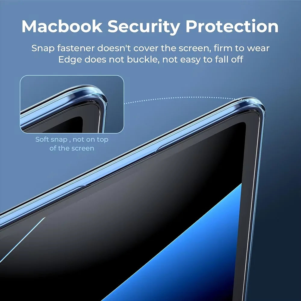 Close-up view of a MacBook screen protected by an ultra-slim matte protective case, highlighting security features.