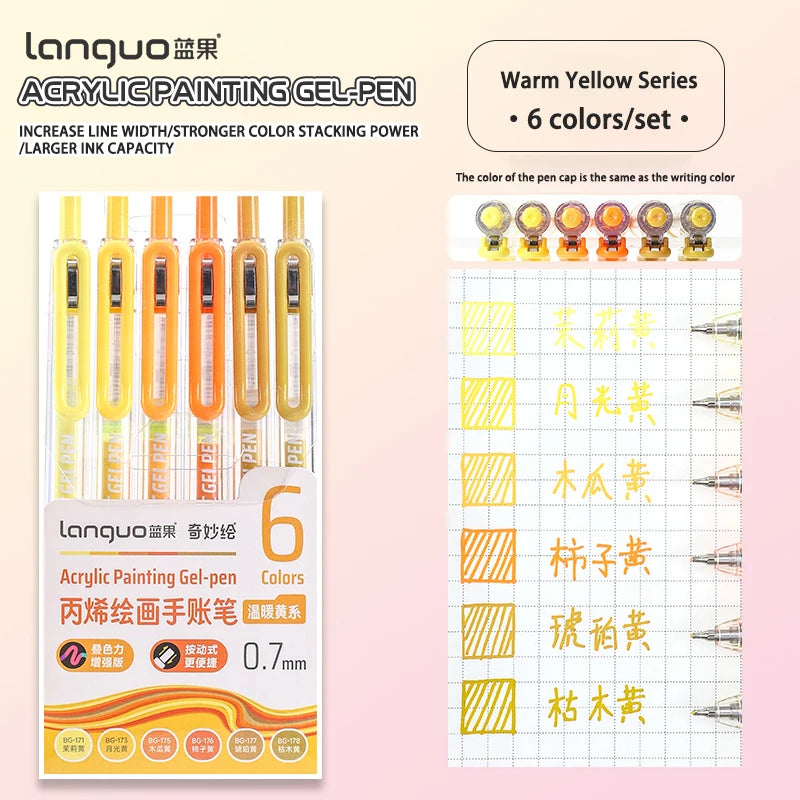 A set of six Warm Yellow series acrylic painting gel pens with 0.7mm tips and corresponding color charts.