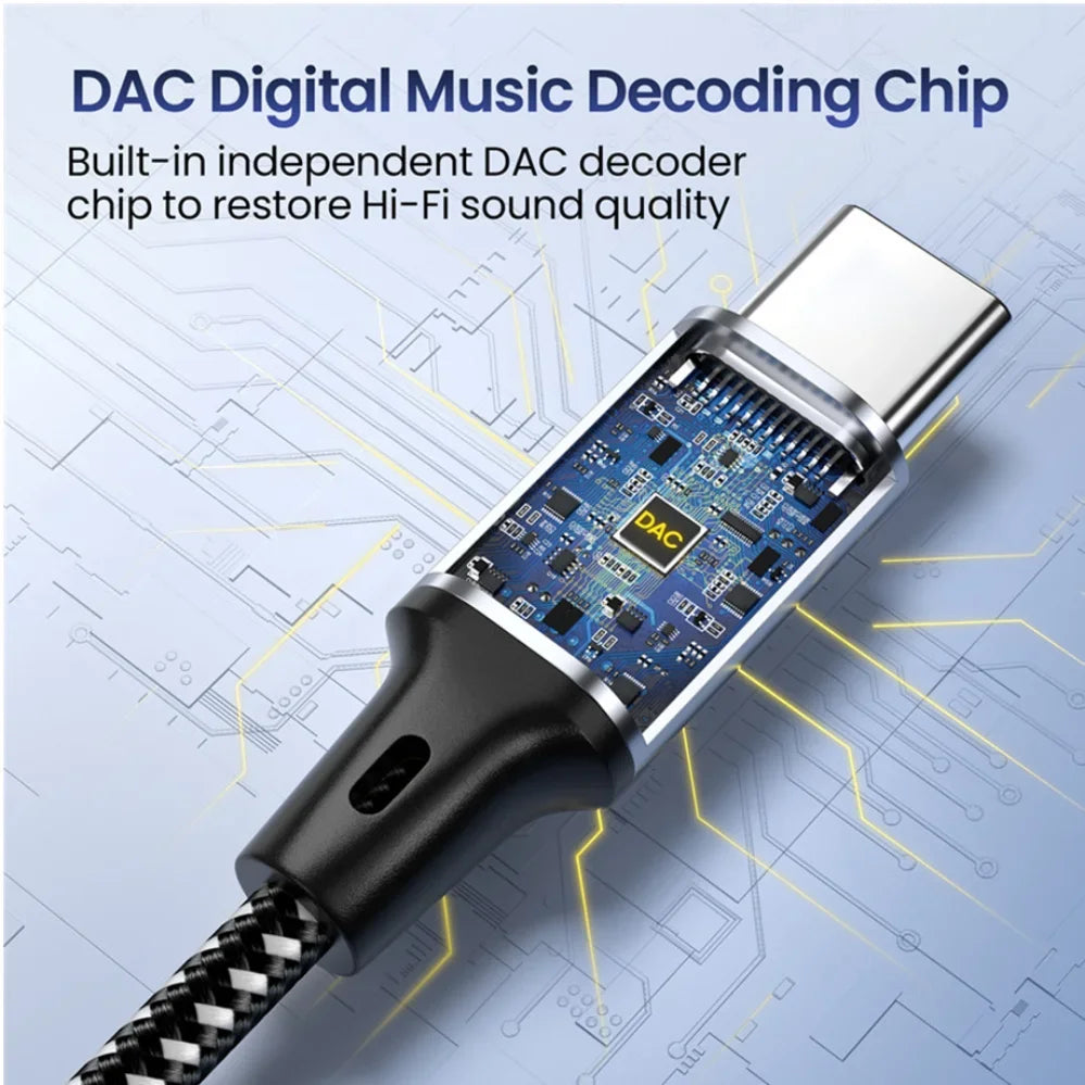 Silberner DAC-Chip zur digitalen Musikwiedergabe, verbunden mit einem schwarzen Audiokabel für Hi-Fi-Soundqualität.