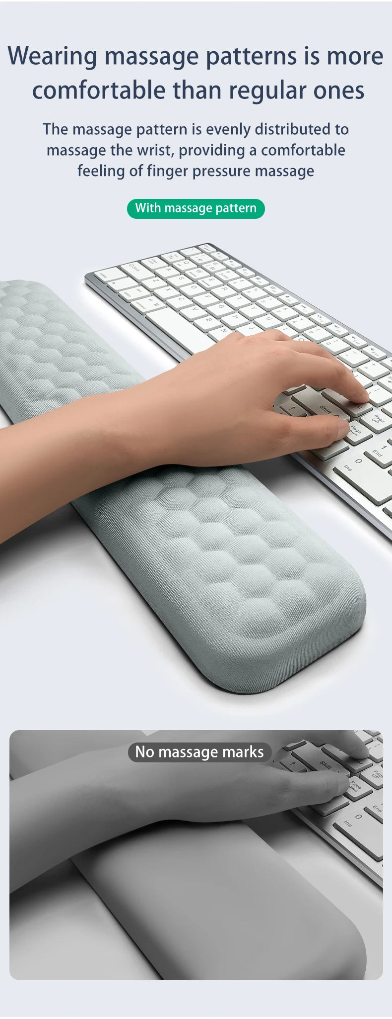 A hand rests on a gray ergonomic keyboard wrist rest pad, demonstrating massage patterns for comfortable typing.