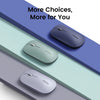 Three ultra-slim wireless Bluetooth mice in purple, mint green, and lavender colors are displayed on a light background.