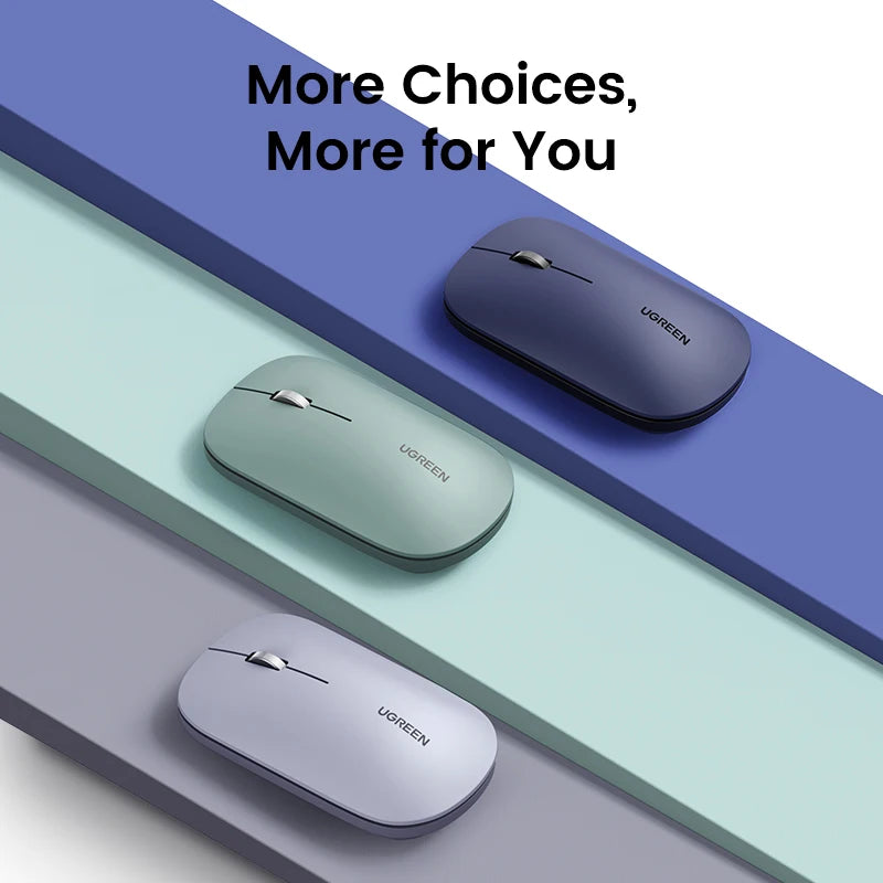 Three ultra-slim wireless Bluetooth mice in purple, mint green, and lavender colors are displayed on a light background.