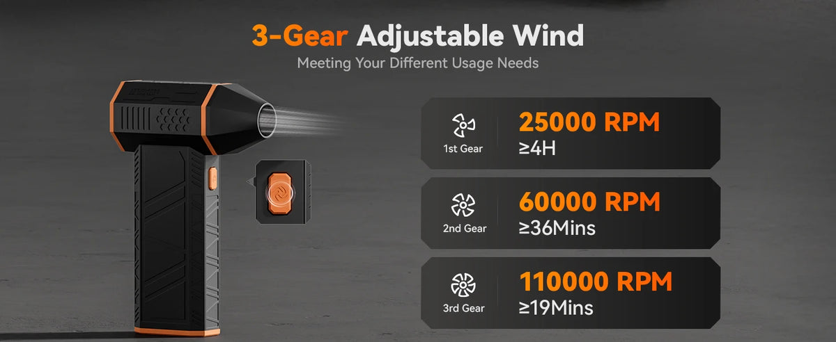 A black electric air duster with a 3-gear adjustable wind setting displayed against a dark background.