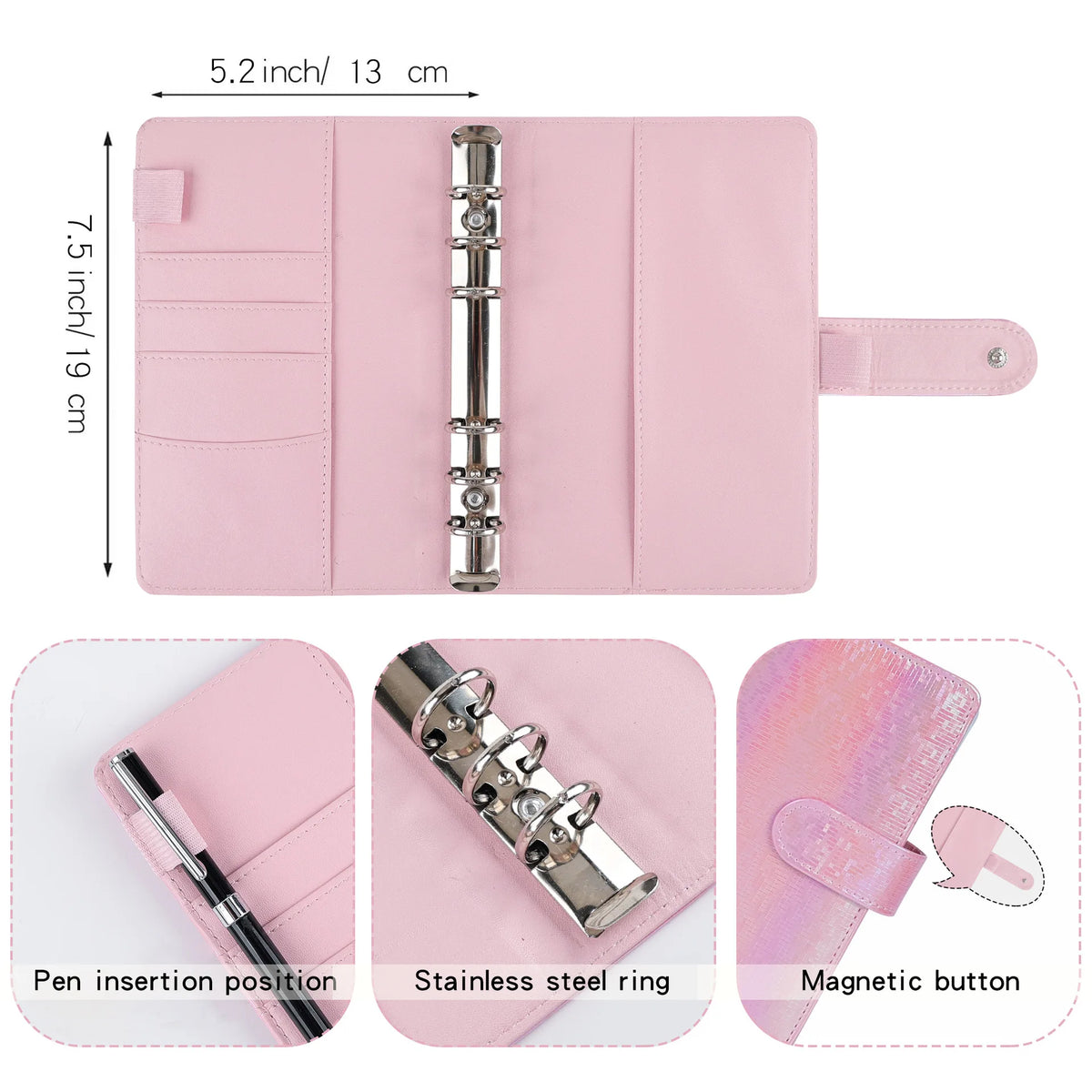 Organisateur de budget et de liquide rose A6 avec insertion de stylo, anneau en acier inoxydable et bouton magnétique.