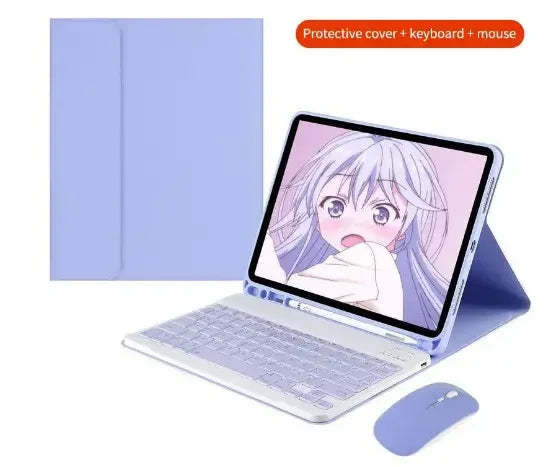 Laptop mit Schutzabdeckung und Tastatur neben Maus, zeigt Nahaufnahme einer Anime-Mädchen auf dem Bildschirm