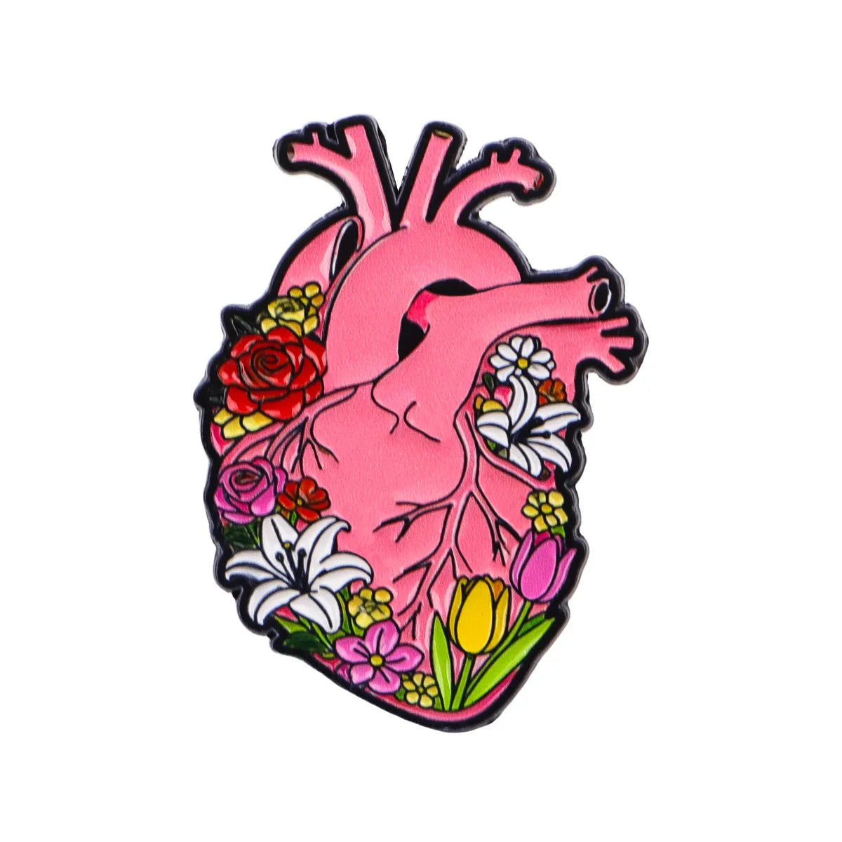 A pink enamel pin shaped like a stylized human heart with floral accents.