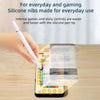A hand uses a white silicone pen tip stylus to interact with a smartphone screen.