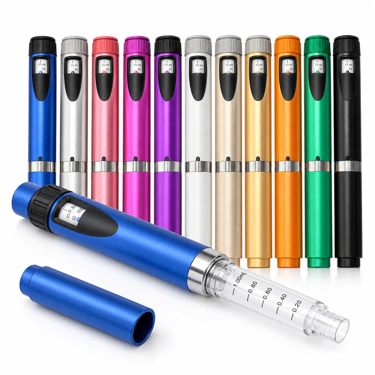 A row of reusable peptide beauty injector pens in various colors, including blue, pink, purple, and green, with a dosing tube