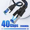 A black Cat8 Ethernet cable with gold-plated RJ45 connectors is shown next to comparison labels for Cat7 and Cat6 cables.