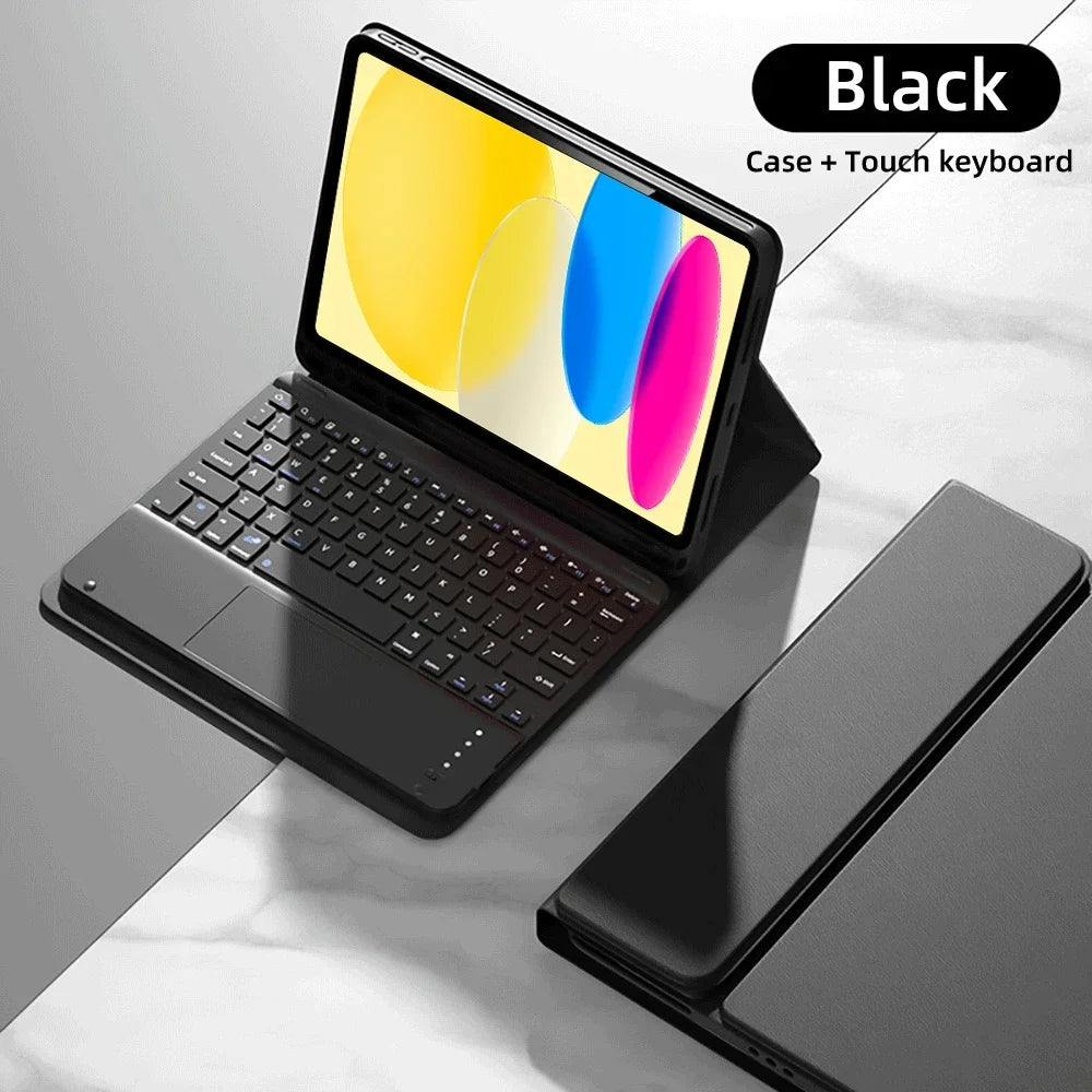 Black iPad 10th Gen case with a detachable Bluetooth keyboard shown on a marble surface.