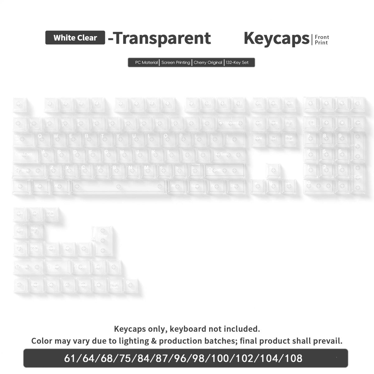 White clear transparent keycaps for a mechanical keyboard, showing various keycap profiles.