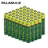 A collection of green and yellow high-performance disposable AA and AAA dry cell batteries arranged in a grid.