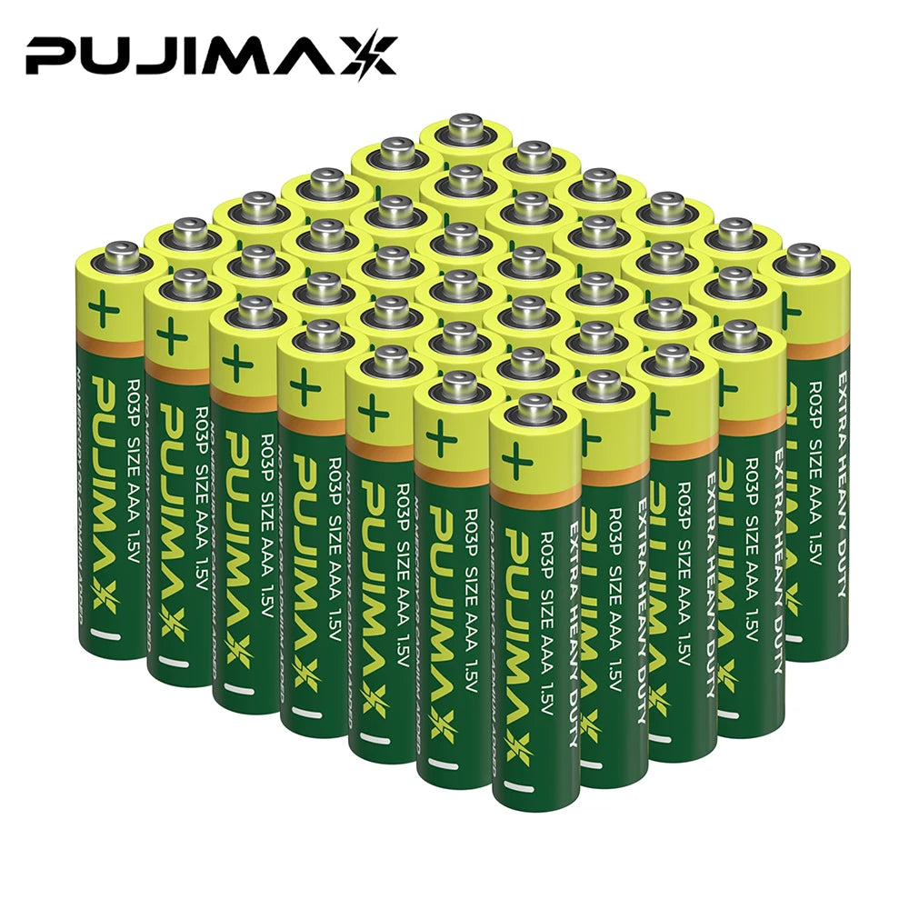 A collection of green and yellow high-performance disposable AA and AAA dry cell batteries arranged in a grid.