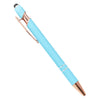 A light blue retractable stylus and ballpoint pen with gold accents.