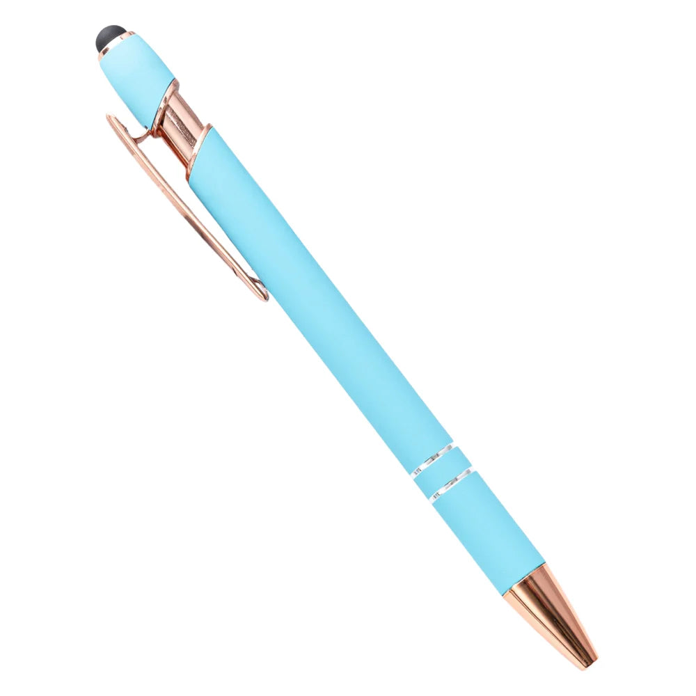 A light blue retractable stylus and ballpoint pen with gold accents.