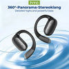 A pair of black HTC wireless earphones floating above a blue, glossy surface.