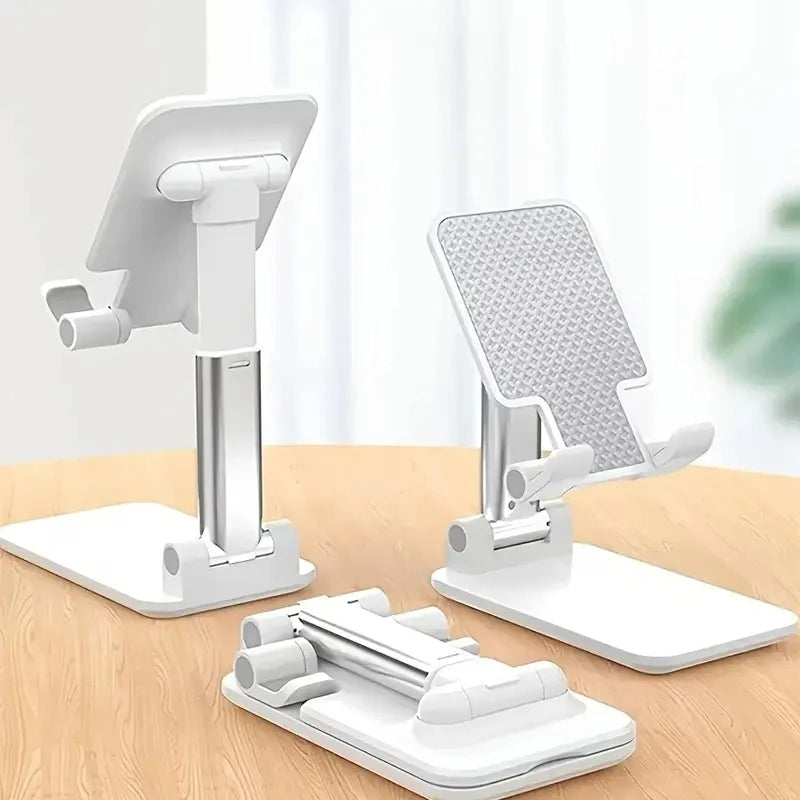A white universal adjustable desk mount for phones and tablets is shown with various mounting options.