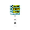 A glitter acrylic badge reel featuring text that reads Coffee Scrubs Sanity Nurse Life