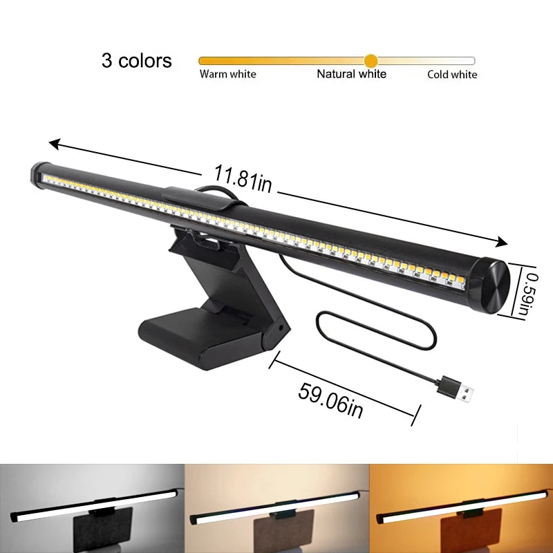An LED monitor light bar is shown with three color options: warm white, natural white, and cold white.