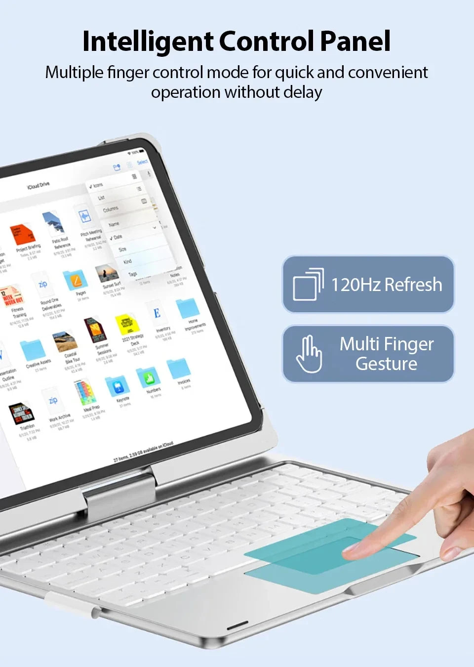 A hand is using a finger gesture on a laptop to control an intelligent control panel feature.