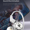 White wired earphones with a clear housing and microphone resting on a dark surface.