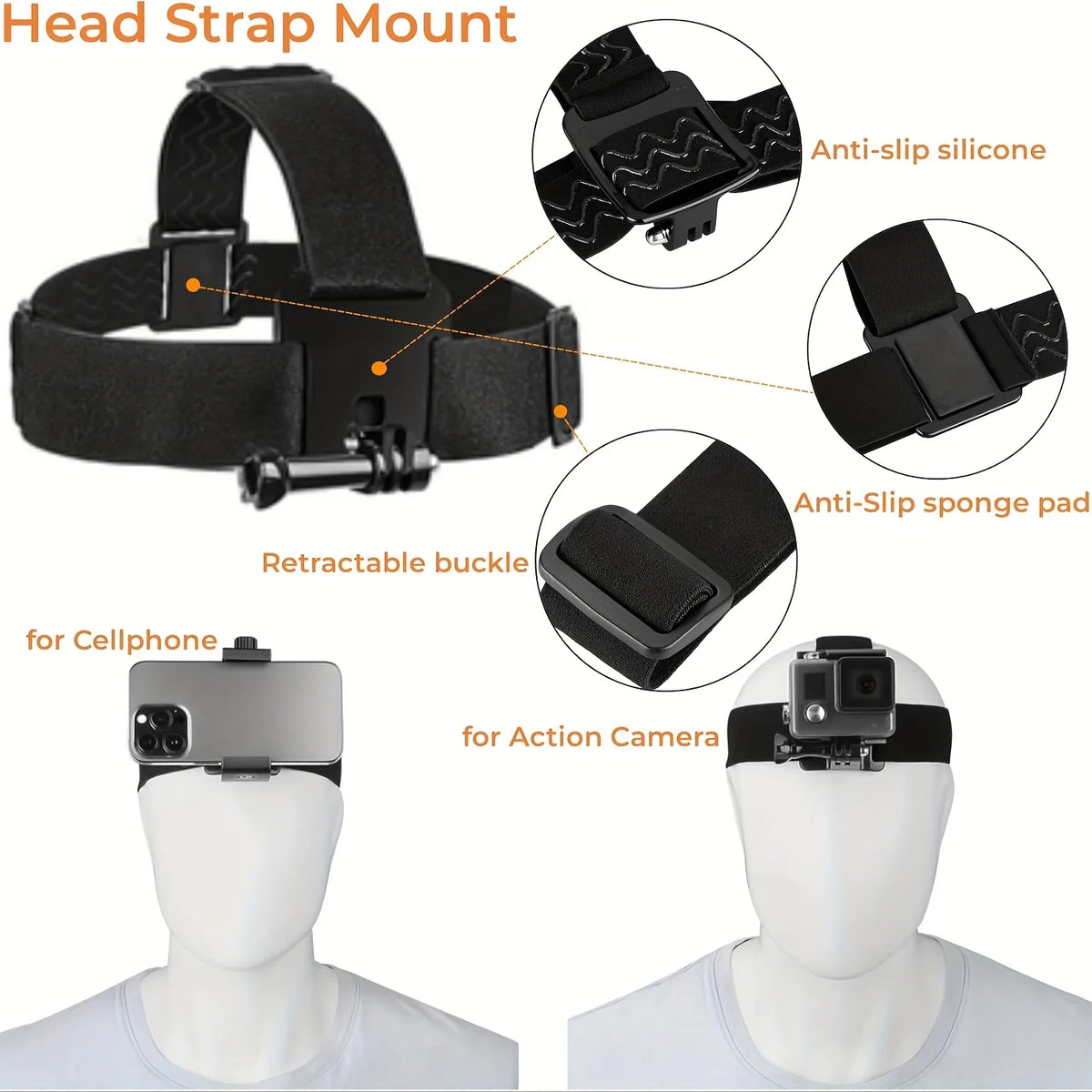 Black adjustable head strap mount with anti-slip silicone and sponge pads for mounting action cameras or cellphones