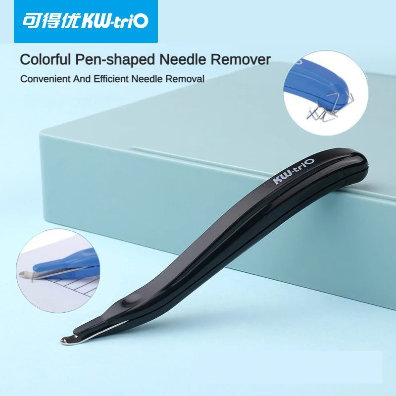 A black pen-shaped needle remover tool is displayed on a light blue background with a box in the background.