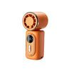 An orange portable rechargeable handheld cooling fan with a visible fan grille and power button.