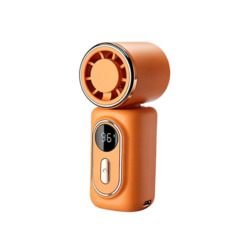An orange portable rechargeable handheld cooling fan with a visible fan grille and power button.