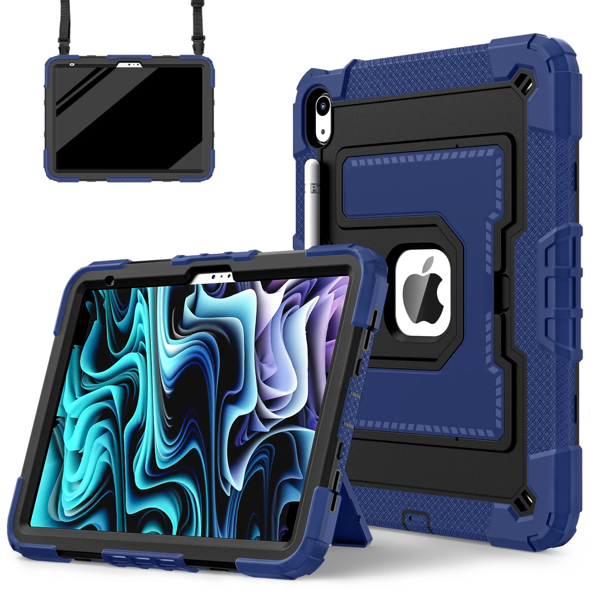 A blue silicone protective case with a stand for an iPad is shown alongside the device.