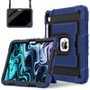 A blue silicone protective case with a stand for an iPad is shown alongside the device.