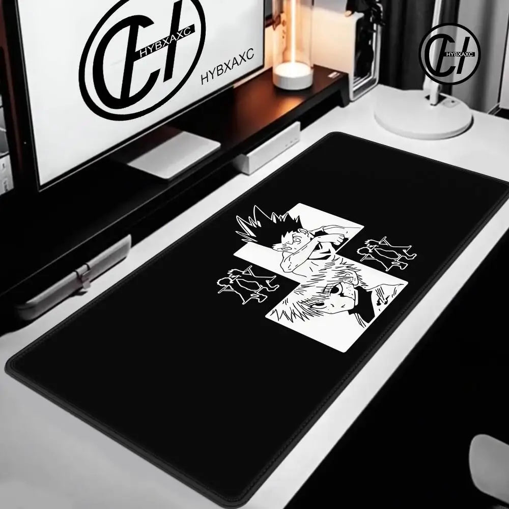 A black extra large gaming mouse pad featuring a white illustration of a character's face and hair.