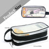 A clear mesh pencil pouch with various stationery items inside, shown next to its dimensions.