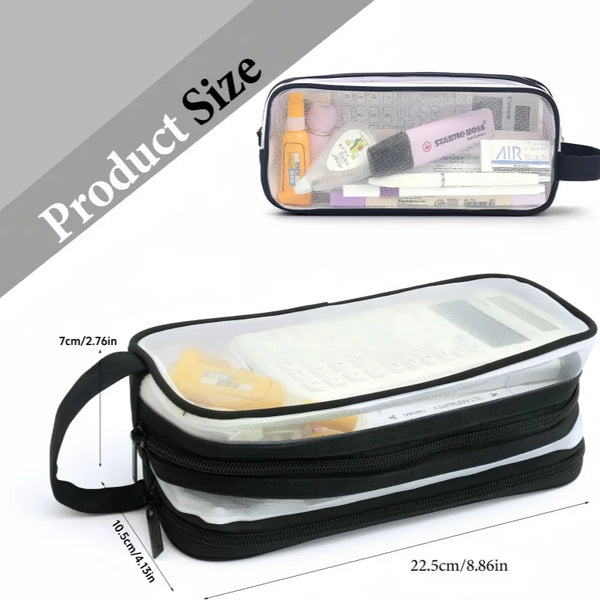 A clear mesh pencil pouch with various stationery items inside, shown next to its dimensions.