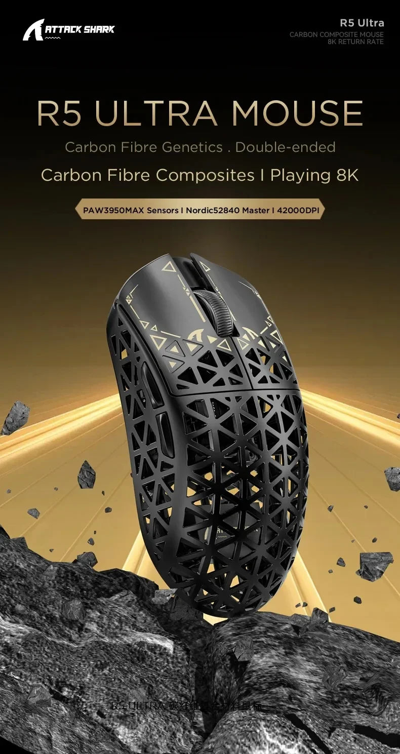 A black R5 Ultra gaming mouse with an intricate carbon fiber design is shown resting on a dark, rocky surface.