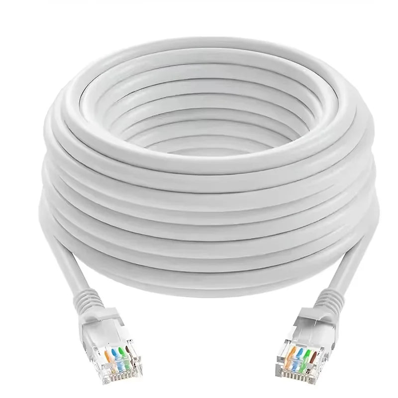 A coil of white high-speed Cat6 Ethernet cable with connectors visible at the bottom.
