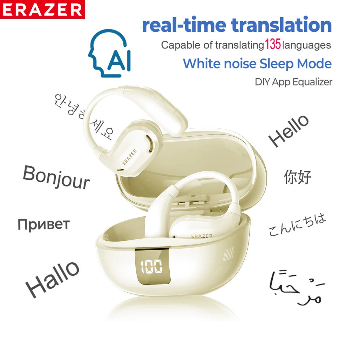 A pair of white AI translation Bluetooth earphones shown with various language text examples.