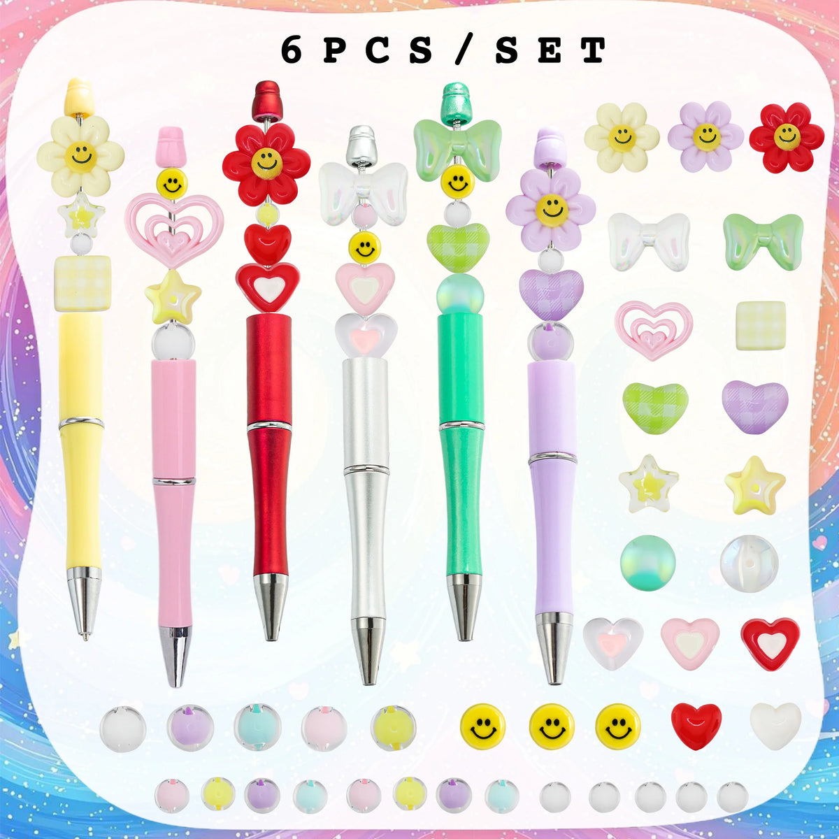 A set of six beaded ballpoint pens in various colors and shapes including hearts stars and smiley faces