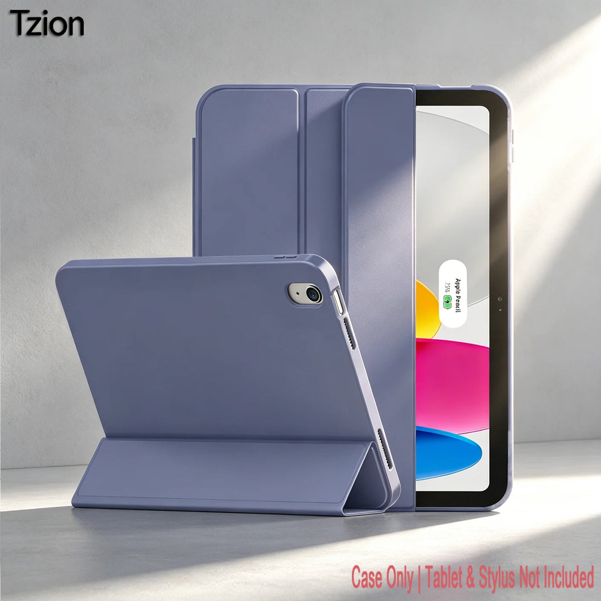 A purple trifold smart cover for an iPad is shown next to the tablet and stylus.