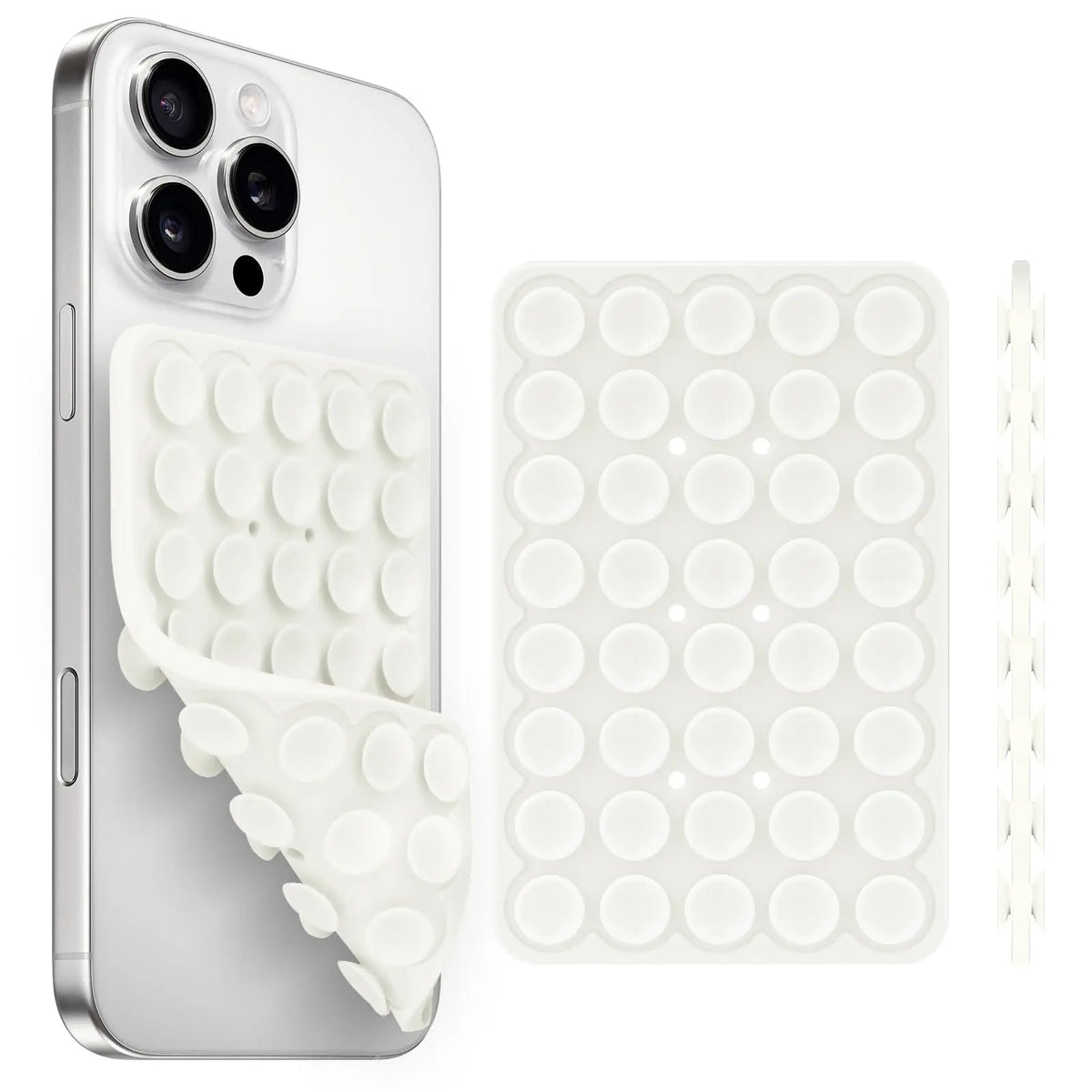 A white silicone suction cup phone holder with multiple suction cups and a matching silicone pad.