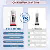 Comparison of two craft glues, Fittdye and Other, highlighting features like adhesive strength and drying time.
