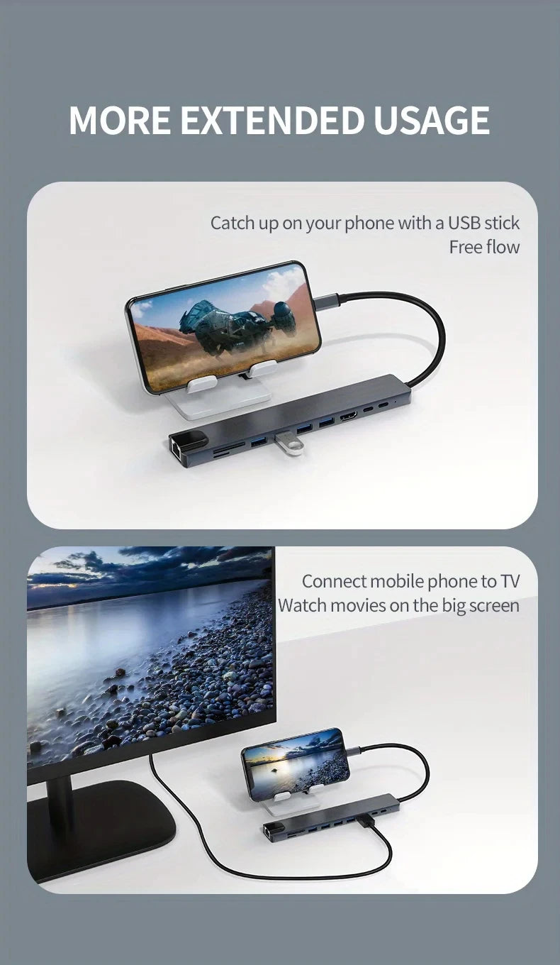 A multi-port USB-C docking hub is shown connecting a mobile phone to a TV for media playback.
