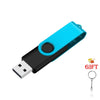 A blue and black high-capacity USB flash drive with a metal keyring attached.