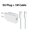 White EU plug power adapter with a 1 meter cable for fast charging.