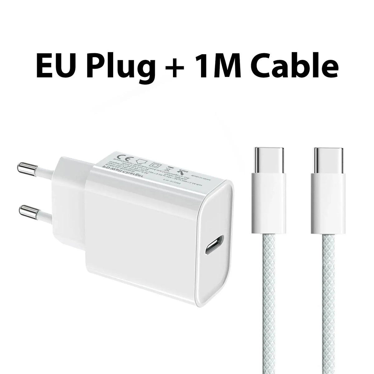 White EU plug power adapter with a 1 meter cable for fast charging.
